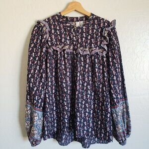 Joie Ruffled Puff Sleeve Peasant Blouse Blue Sz XL Cottagecore Prairie Button Up